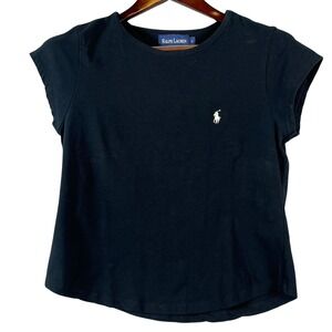 Ralph Lauren Womens L T Shirt Cap Sleeve Black White Pony Stretch Top Casual